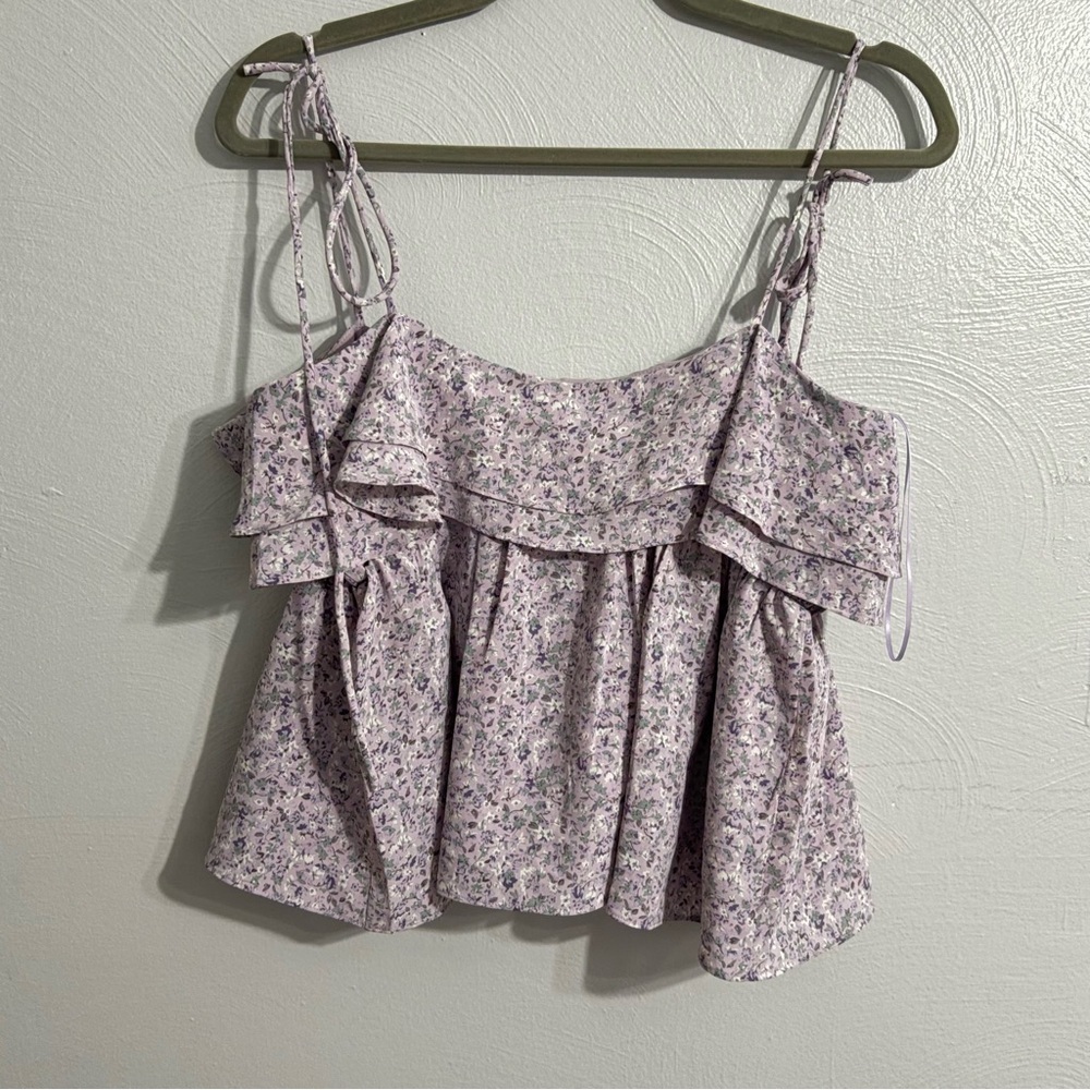 NWT On You Alexander Marie Boutique Purple Floral Ruffle Babydoll Crop Top NEW - Picture 2 of 4